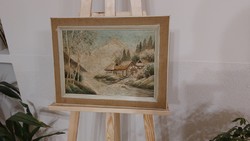 (K) embroidered landscape with water mill 47x37 cm frame like a painting