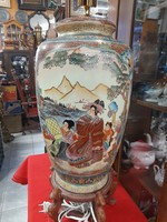Large Japanese satsuma vase lamp frame, table lamp, wooden holder. 70 Cm.