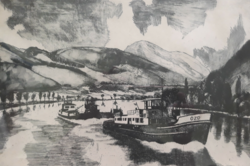 Danube bend, boat towing (etching) Gyurics year