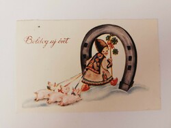 Old New Year's card 1933 postcard boy in folk costume pig clover horseshoe