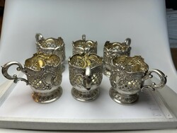 744T. 1 Forintról! Antik Bécsi Barokk Ezüst (670 g) 6 személyes pohár tartó készlet, német jelzéssel