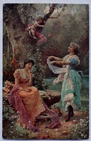 Antik rusztikus felületű Zatzka művész képeslap  hölgyek és puttó  SÉRÜLT