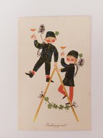 Old New Year's postcard with picture 1967 postcard chimney sweep couple clover champagne