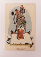 Old New Year postcard with picture 1962 postcard chimney sweep clover horseshoe roof