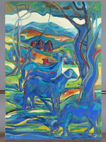 István Kozma - landscape with buffaloes - oil painting on canvas - 70x100