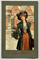 Antik MM Vienne Martineau Karácsonyi üdvözlő litho képeslap hölgy magyal kosárral téli táj