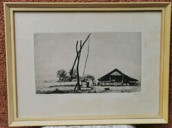 István Boldizsár (1897 - 1984) crane farm scene, etching