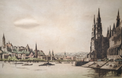 István Zádor: towers on the Danube - panorama of Budapest, marked colored etching