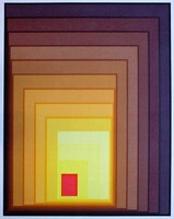 "Aara" Op Art művész nagy színes szerigráfnyomata, 1968-ban nyomtatva, "Színkompozíció barna-sárga"