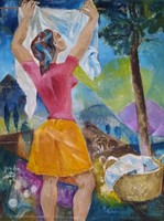 Ritkaság! Marczell György, eredeti festménye! Teregető lány! 80x60 cm, plusz üvegezett keret!