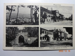 Régi képeslap: Sátoraljaújhely - látkép, Megyeháza, Kálvária kapu, Pénzügyi palota (1940)