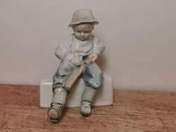 Zsolnay Sinko woodcarving boy with rare painting