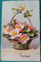 Antique klein graphic greeting card, wild rose in a basket