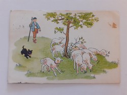 Old Easter postcard 1954 lamb dog shepherd graphic postcard