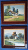 Without a watercolor name depicting two farm landscapes, in the same frame