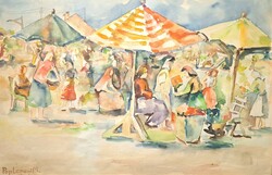 Piaci jelenet - Nagyvárad, Pop Lemeni M. akvarell - Erdély, Románia