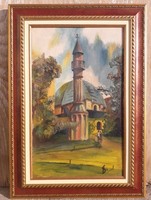 Pécs, Hassan of Jakovali - mosque and minaret. / Painting.