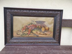 Csodás antik keret 54x84 cm, benne olaj-vászon festmény 34x64 cm, csendélet