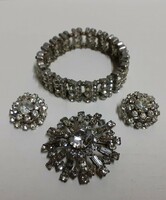 Old white polished set rhinestone bracelet with attached brooch and earrings in one