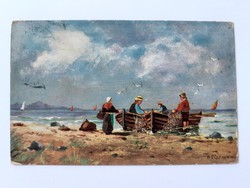 Old postcard with boat fishermen picture postcard art card