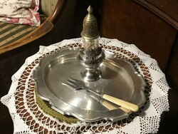 Antique, silver-plated alpaca, cake set, powdered sugar sprinkler, serving plate and serving fork