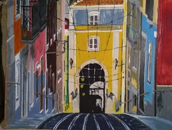 Lisszabon, villamos. Akril festmény, 50 x 70