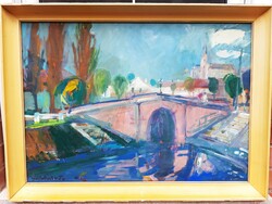 Tibor Göldner (1929-) red bridge in Baja, gallery painting