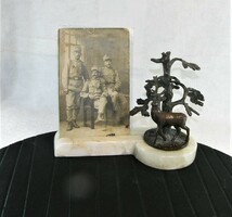 Antique photo stand - marble base under oak wood with bronze horns