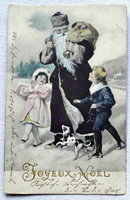 Antik Karácsonyi üdvözlő grafikus kézzel színezett? képeslap  Mikulás gyerekek kutyus