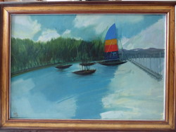 Ferenc Kóka (1934-1997): the port of Lake Balaton (1986) - 42 x 62 cm, oil, wood