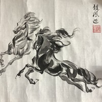 Kínai Fekete paripák lovak tusfestmény akvarell  ló Lovas szignózott piros pecsét eredeti kézi munka