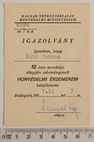 Honvédelmi Érdemérem 10 év igazolvány 1967