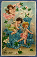 Antik dombornyomott Újévi üdvözlő litho képeslap angyalkák nefelejcsből mozdony lóhere levelek szív