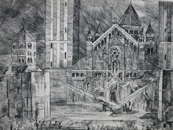 Szeged - outdoor games on the cathedral square, etching