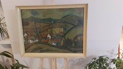 (K) Károly Bojtor's gallery painting 85x65 cm with a frame, mountains, houses.