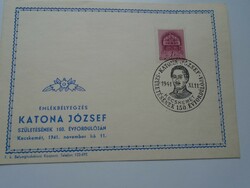 D192244  Katona József emléklap emlékbélyegzés  Kecskemét  1941