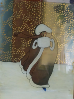 A charming, elegant lady painted glass picture in a winter environment