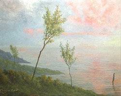 Bavarian branch: waterfront landscape with trees - Danube bend? Original old oil on canvas