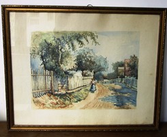 Old painting landscape watercolor marked village end