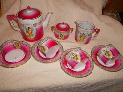 Rózsaszínű (pink) antik jelenetes 4 személyes cseh porcelán teás készlet