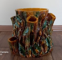 Antik osztrák majolika Palissy stílusú tölgyfatörzs váza