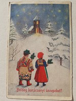 Old Christmas postcard 1938 style postcard church folk costume snowy landscape