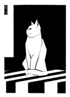 M. C. Escher graphic: white cat reprint print, black and white picture sitting cat striped geometric