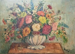 Belányi Viktor: Virágcsendélet (olaj, vászon, 80x60 cm) Iványi-Grünwald Béla tanítványa