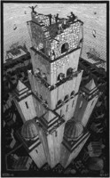 M. C. Escher graphic: tower of babel reprint print, bible scene architecture geometry black and white