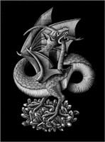 M. C. Escher graphic: dragon reprint print, mythological creature winged monster black and white image