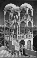 M. C. Escher grafika: Belvedere REPRINT nyomat, 3d illúzió térjáték építészet középkor kilátó létra