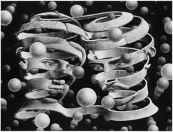M. C. Escher graphics: tie reprint print, tape couple portrait geometric game illusion 3d