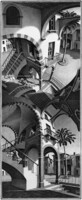 M. C. Escher graphic: above and below reprint print, stairs spatial play illusion architecture black and white