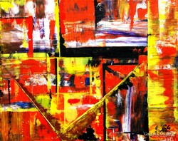European artist: contrasts (red and yellow) - abstract oil on canvas painting